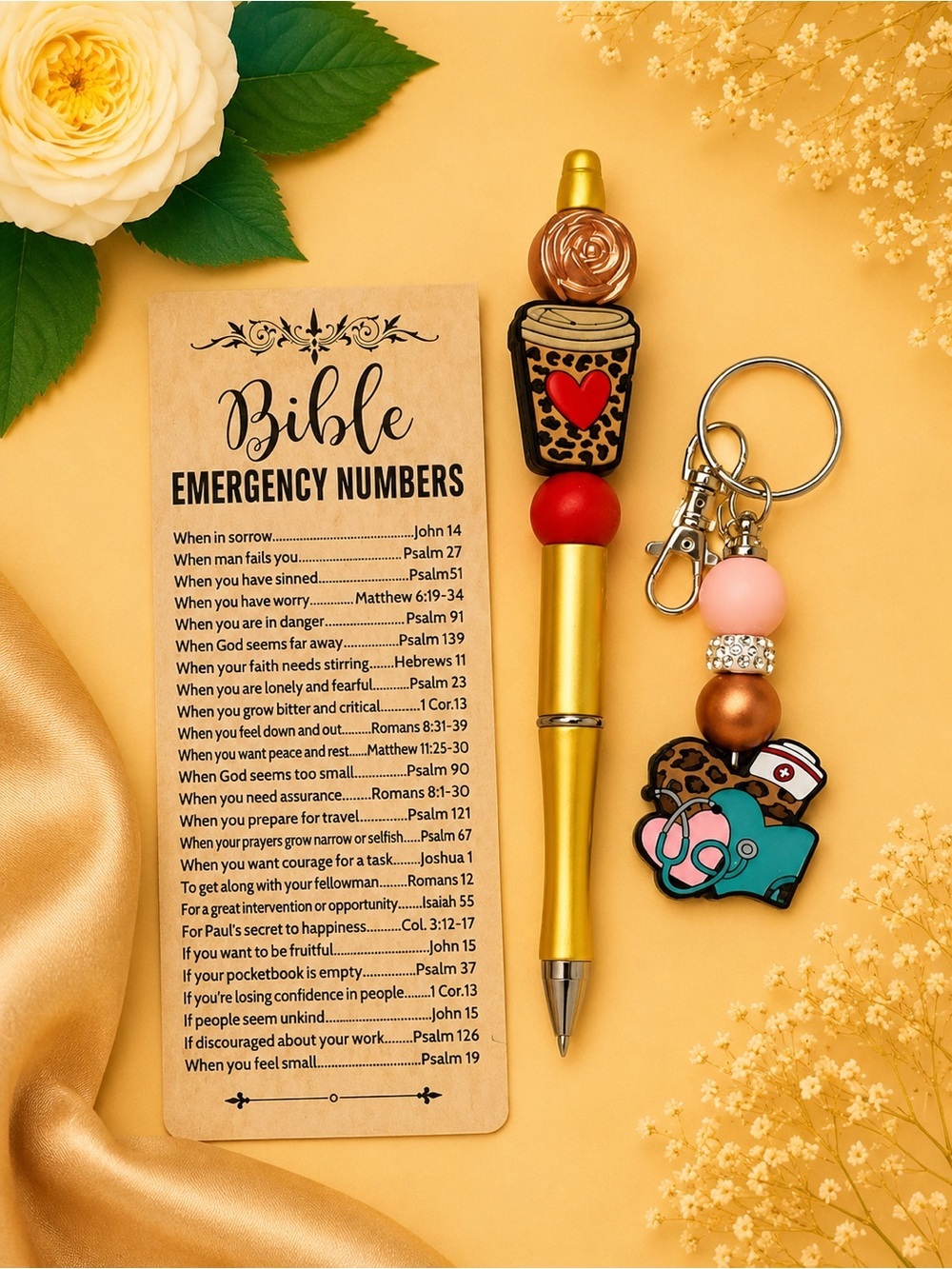 Gold Nurse-Themed Ballpoint Pen with Pink & Brown Beaded Keychain